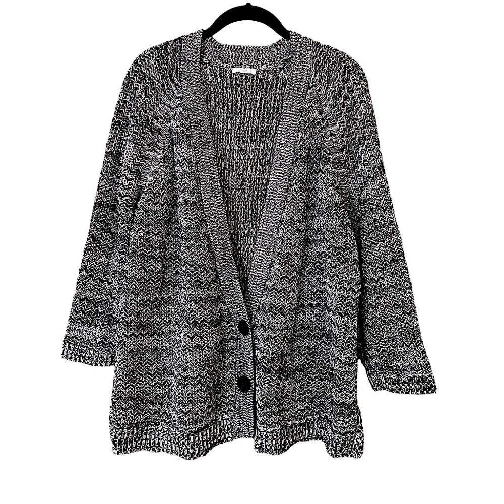 J.Jill V Neck Cardigan Sweater 3/4 Sleeve Black White Marled Knit Size XL